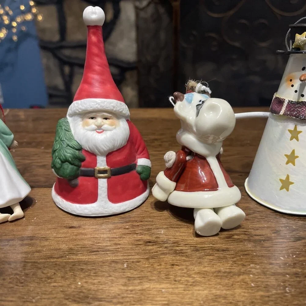 4 Bell‎ Shaped Christmas Ornaments Dangling Legs Santa, Cow,Angel, Snowman READ